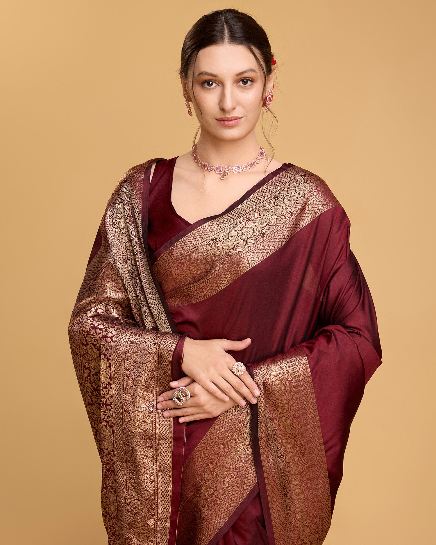 Vedant Vastram Soft Litchi Silk Banarasi Silk Saree - Maroon - Distacart