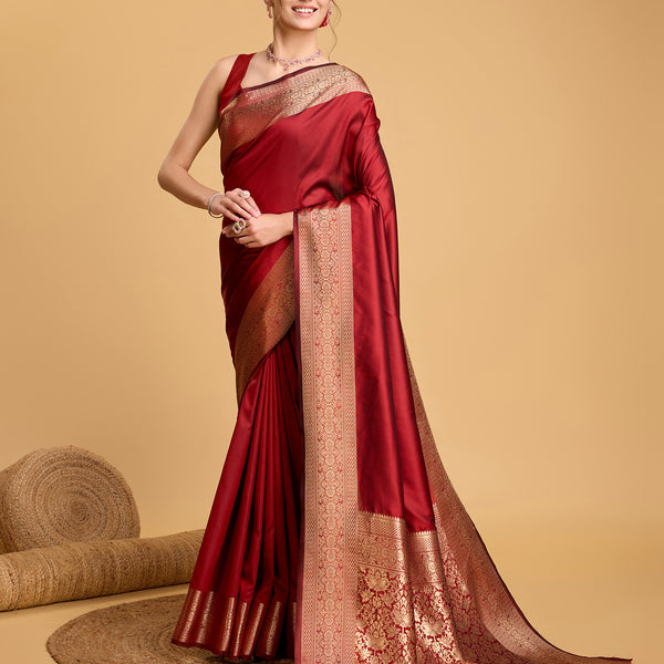 Vedant Vastram Soft Litchi Silk Banarasi Silk Saree - Red - Distacart