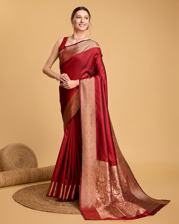 Vedant Vastram Soft Litchi Silk Banarasi Silk Saree - Red - Distacart