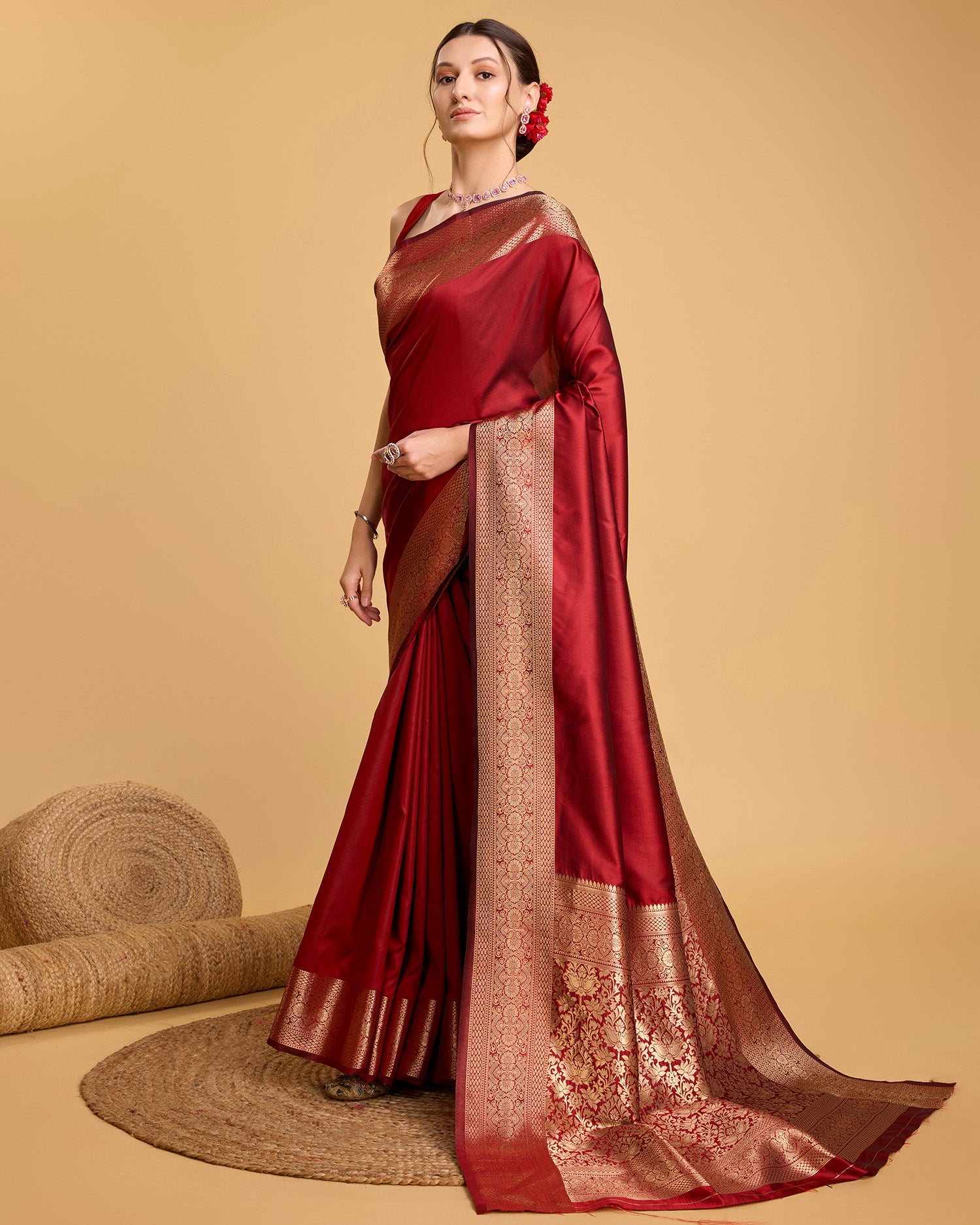 Vedant Vastram Soft Litchi Silk Banarasi Silk Saree - Red - Distacart