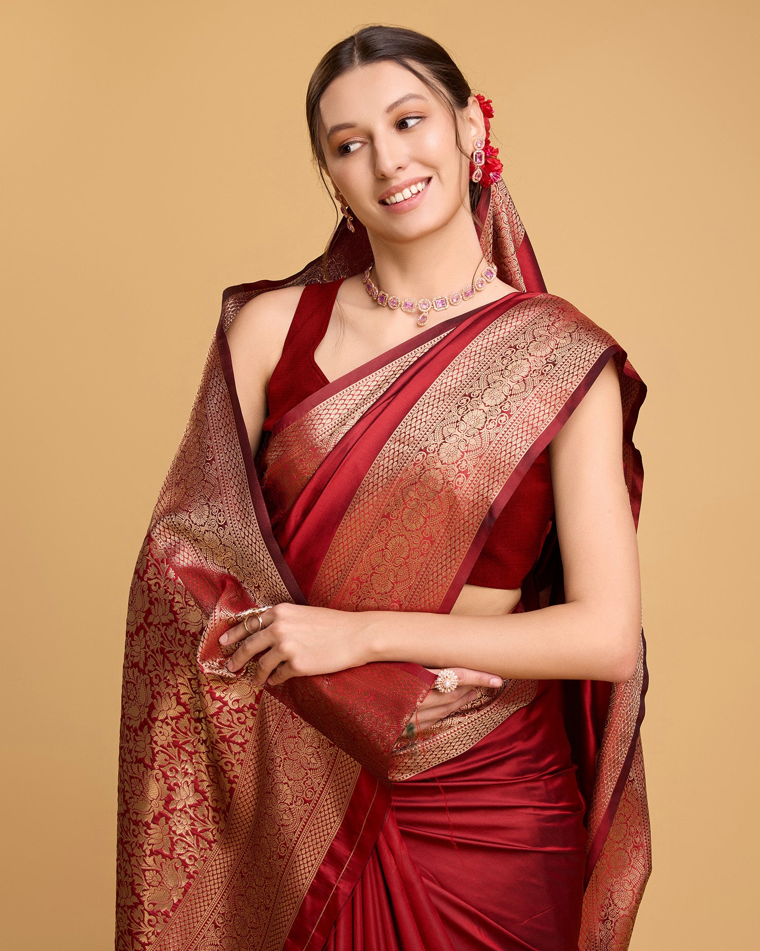 Vedant Vastram Soft Litchi Silk Banarasi Silk Saree - Red - Distacart