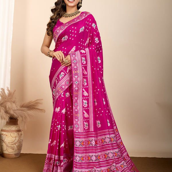 Vedant Vastram Maslin Dola Silk Kanjeevaram Silk Saree - Magenta - Distacart