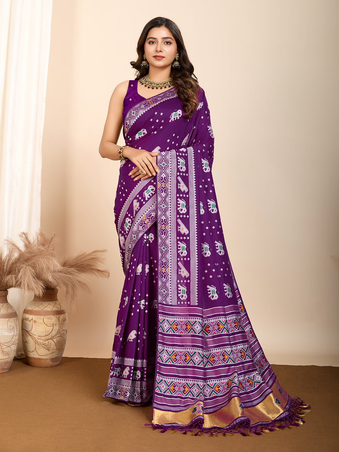 Vedant Vastram Maslin Dola Silk Kanjeevaram Silk Saree - Purple - Distacart