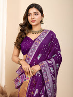 Thumbnail for Vedant Vastram Maslin Dola Silk Kanjeevaram Silk Saree - Purple - Distacart