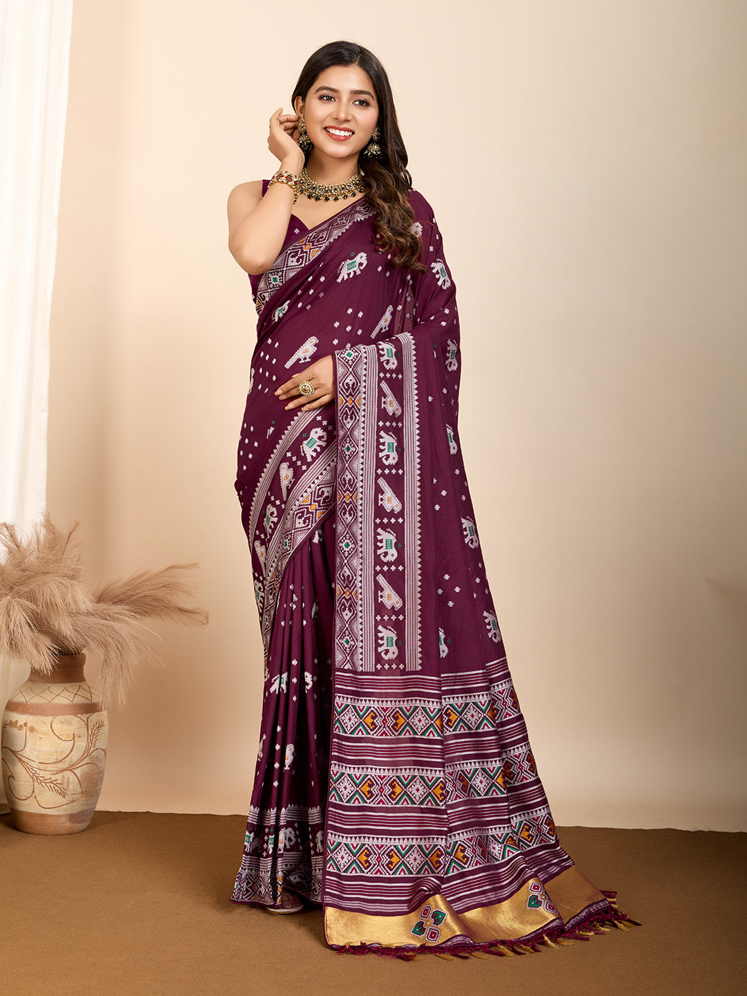 Vedant Vastram Maslin Dola Silk Kanjeevaram Silk Saree - Wine - Distacart