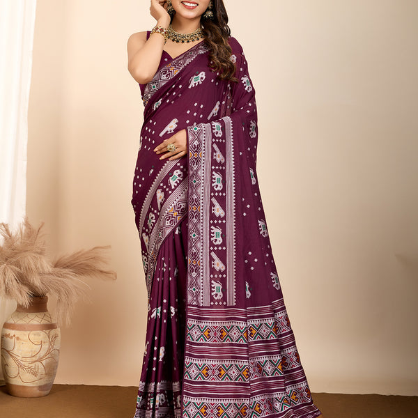 Vedant Vastram Maslin Dola Silk Kanjeevaram Silk Saree - Wine - Distacart