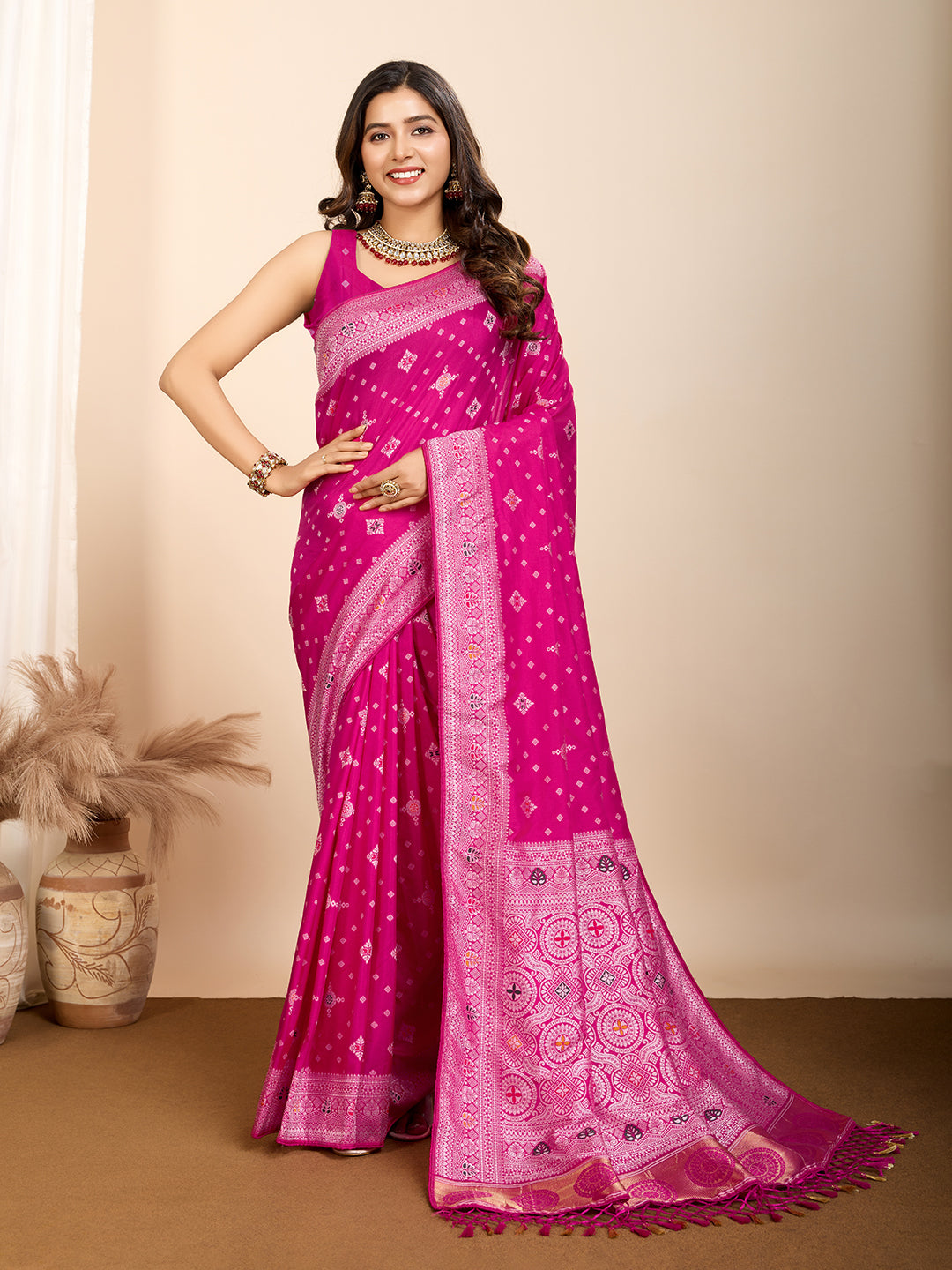 Vedant Vastram Maslin Dola Silk Kanjeevaram Silk Saree - Magenta - Distacart
