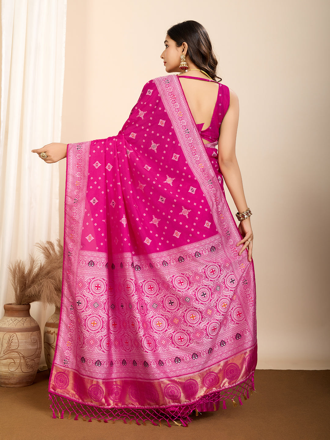 Vedant Vastram Maslin Dola Silk Kanjeevaram Silk Saree - Magenta - Distacart