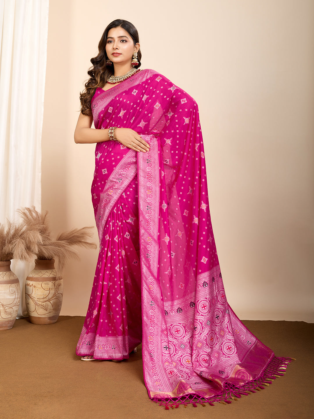 Vedant Vastram Maslin Dola Silk Kanjeevaram Silk Saree - Magenta - Distacart