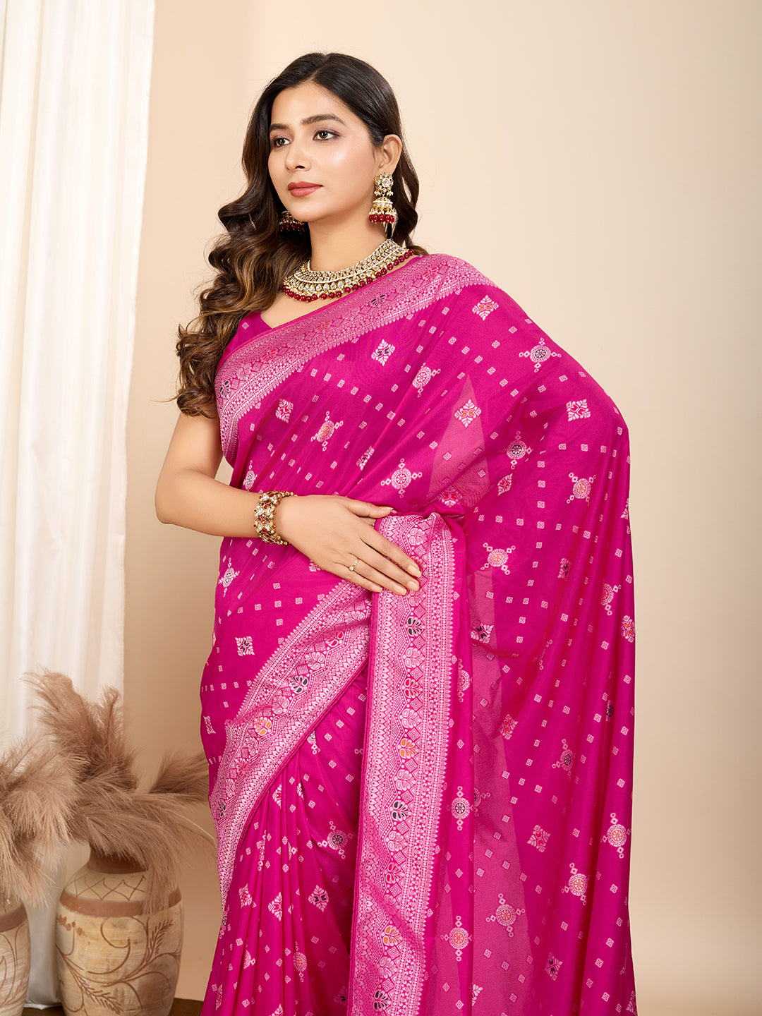 Vedant Vastram Maslin Dola Silk Kanjeevaram Silk Saree - Magenta - Distacart