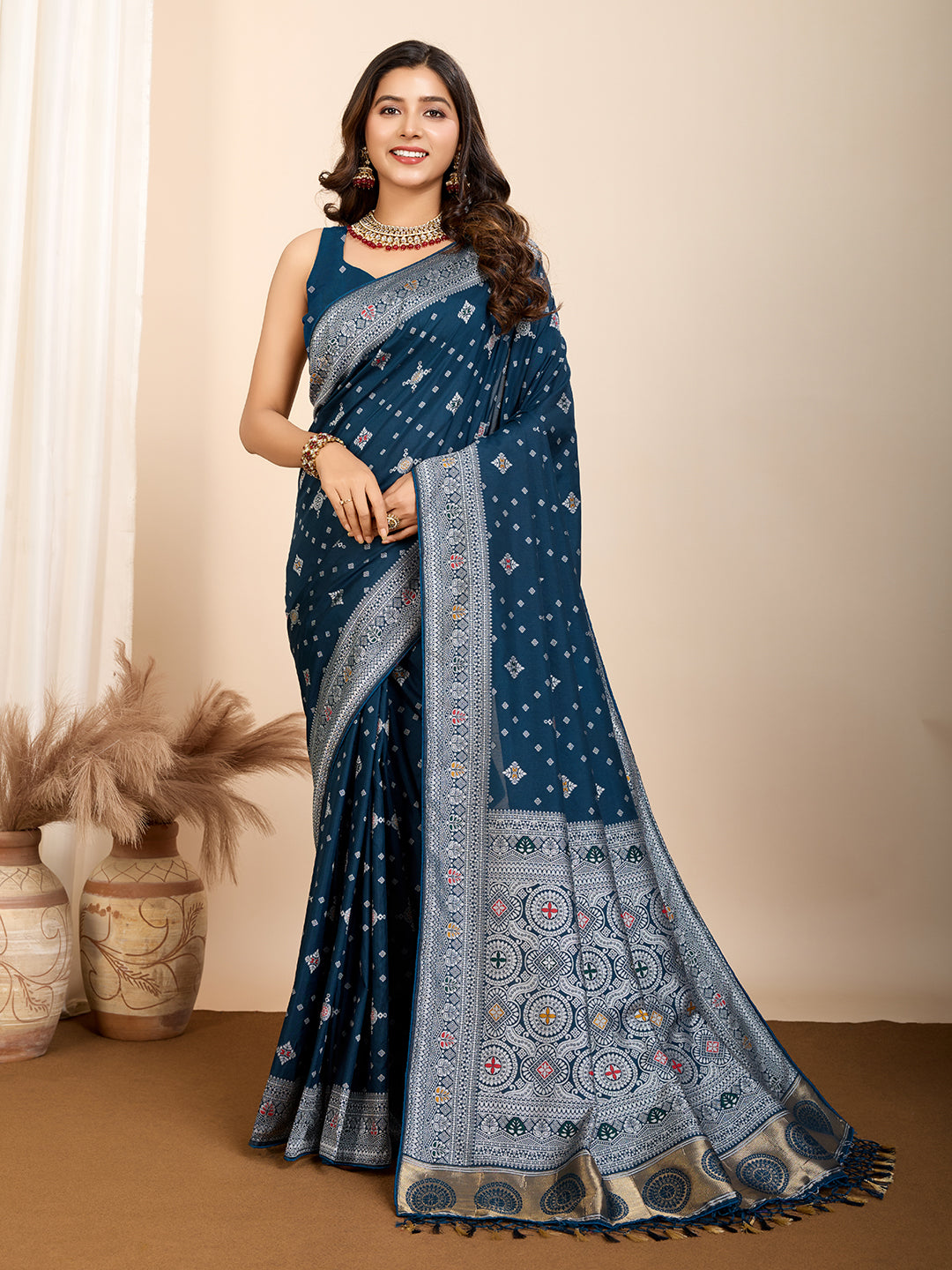 Vedant Vastram Maslin Dola Silk Kanjeevaram Silk Saree - Navy - Distacart