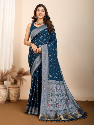 Vedant Vastram Maslin Dola Silk Kanjeevaram Silk Saree - Navy - Distacart