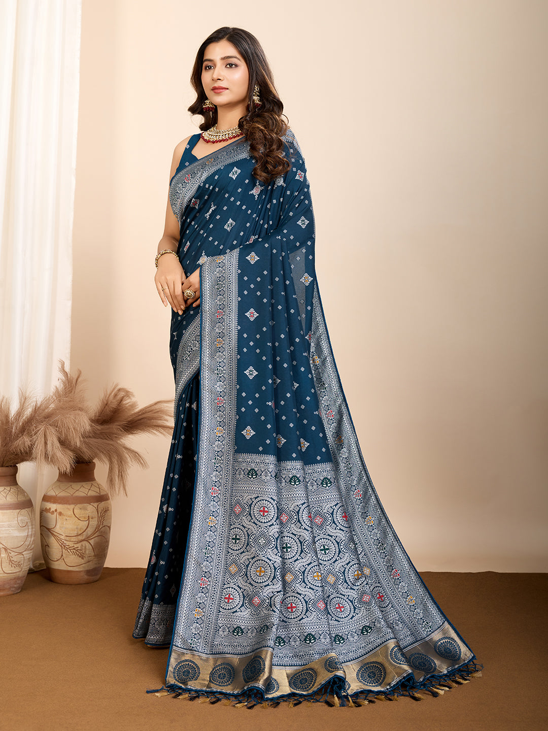 Vedant Vastram Maslin Dola Silk Kanjeevaram Silk Saree - Navy - Distacart