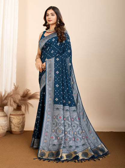 Vedant Vastram Maslin Dola Silk Kanjeevaram Silk Saree - Navy - Distacart