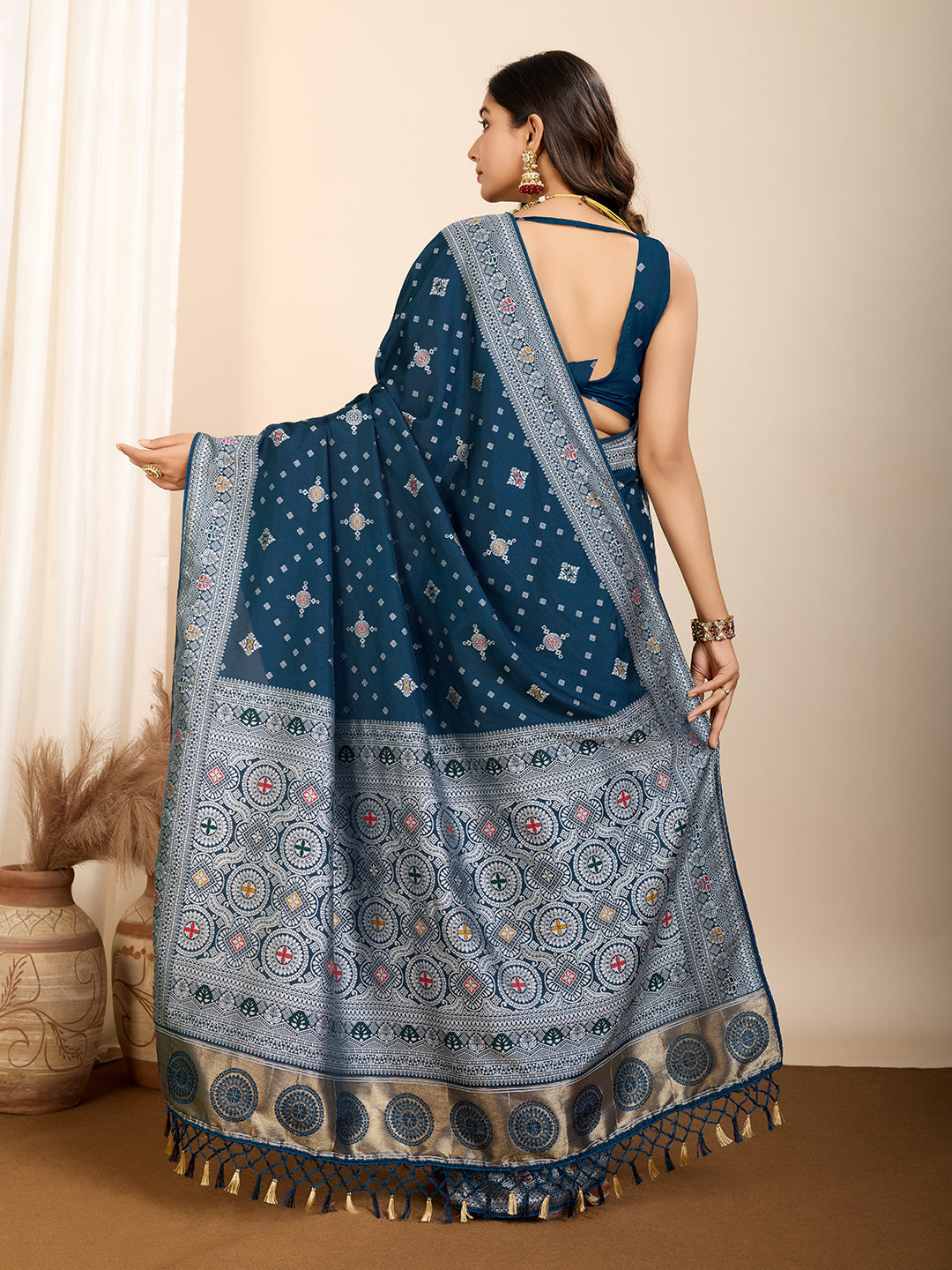Vedant Vastram Maslin Dola Silk Kanjeevaram Silk Saree - Navy - Distacart