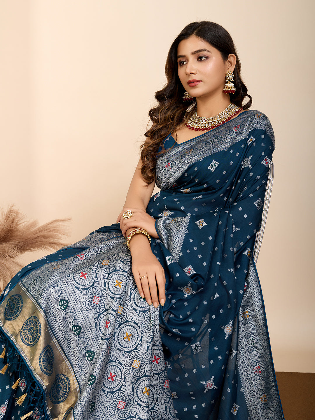 Vedant Vastram Maslin Dola Silk Kanjeevaram Silk Saree - Navy - Distacart
