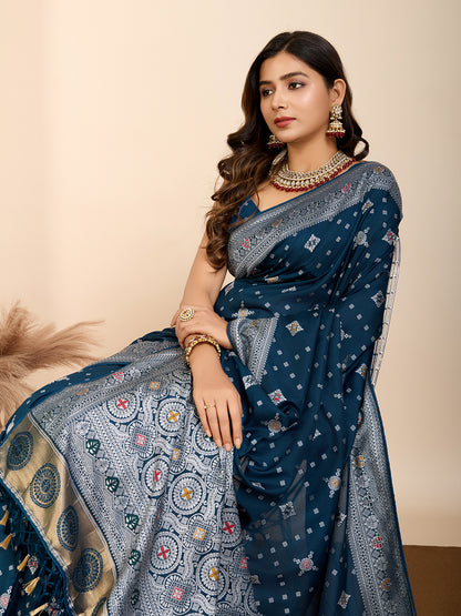 Vedant Vastram Maslin Dola Silk Kanjeevaram Silk Saree - Navy - Distacart