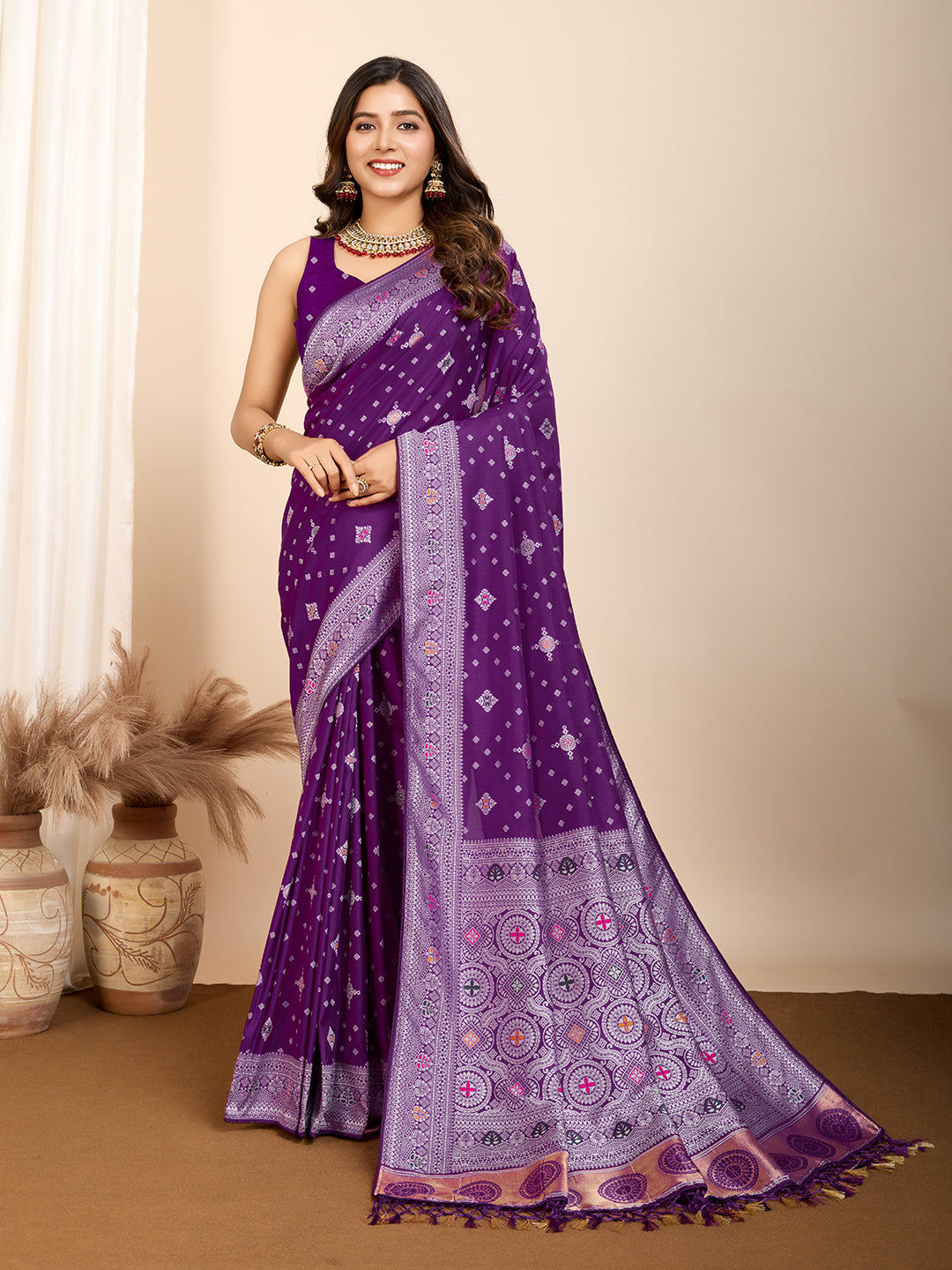Vedant Vastram Maslin Dola Silk Kanjeevaram Silk Saree - Purple - Distacart
