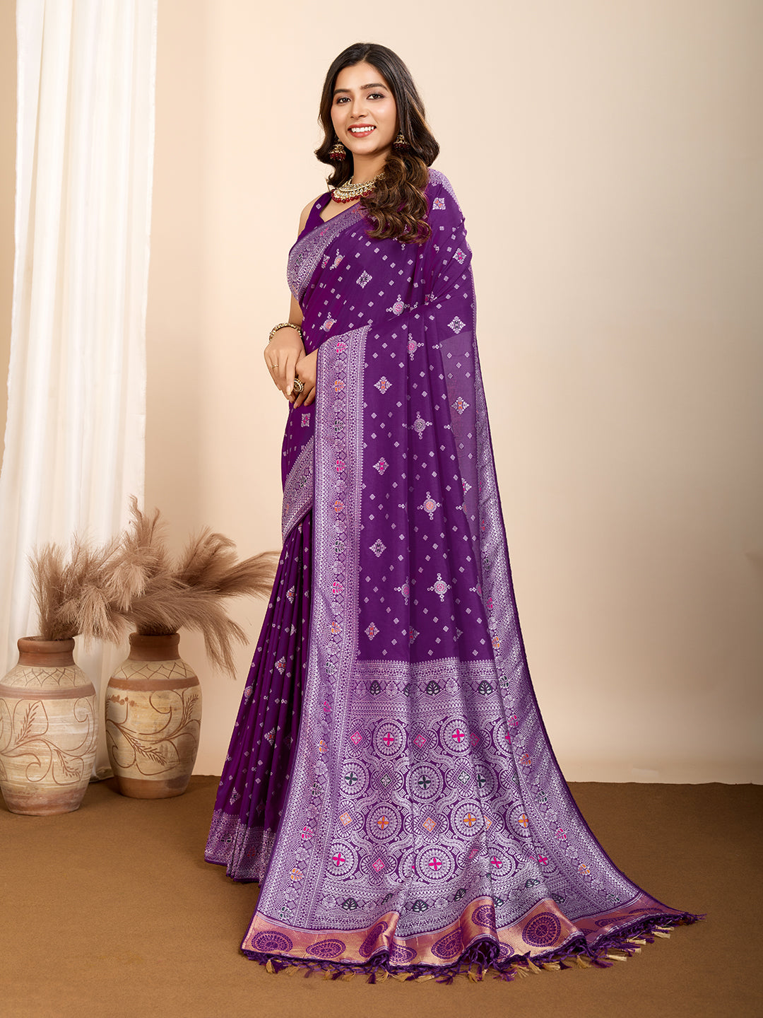 Vedant Vastram Maslin Dola Silk Kanjeevaram Silk Saree - Purple - Distacart