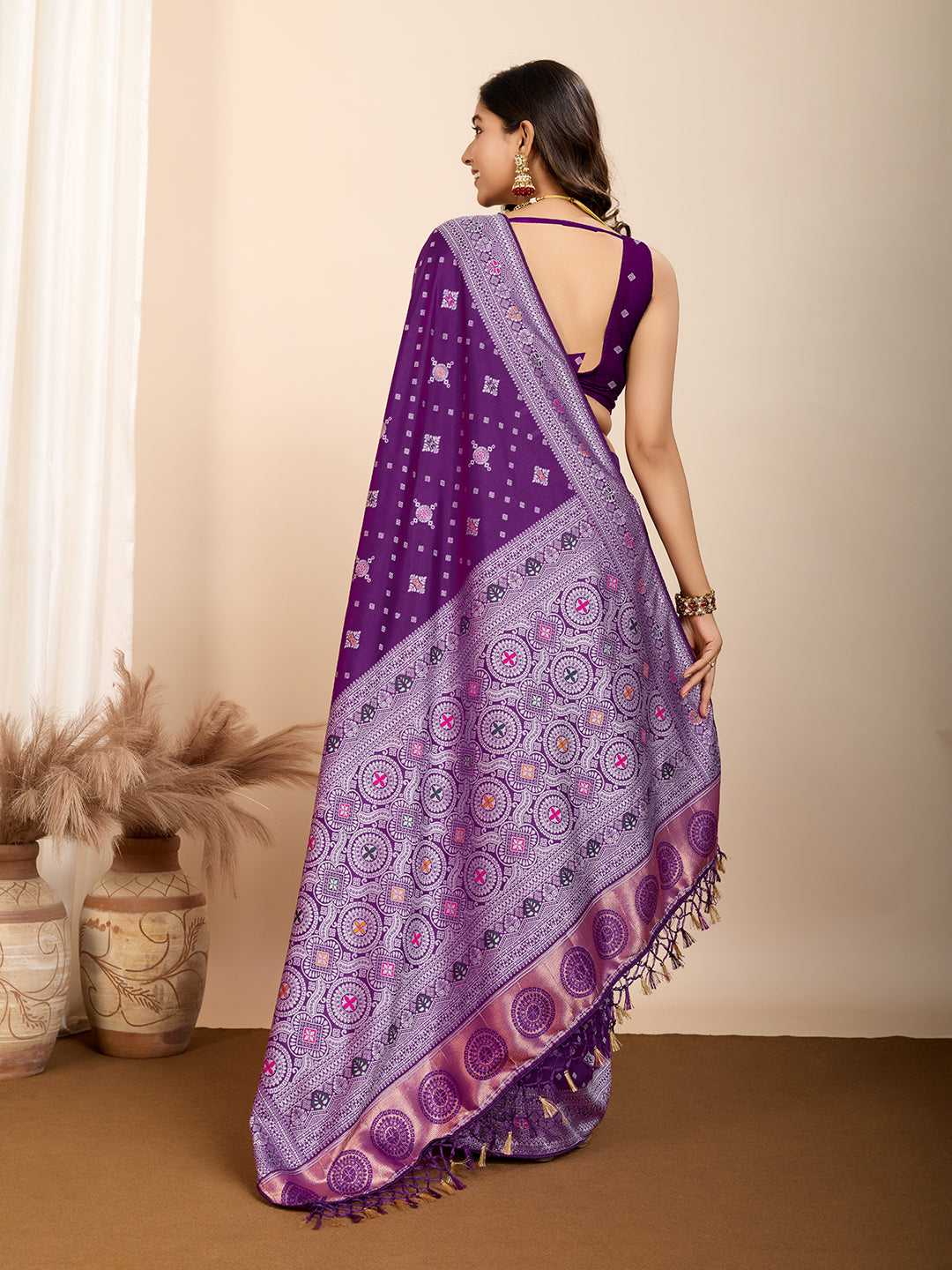 Vedant Vastram Maslin Dola Silk Kanjeevaram Silk Saree - Purple - Distacart