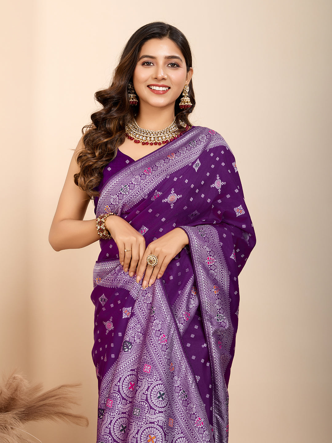 Vedant Vastram Maslin Dola Silk Kanjeevaram Silk Saree - Purple - Distacart
