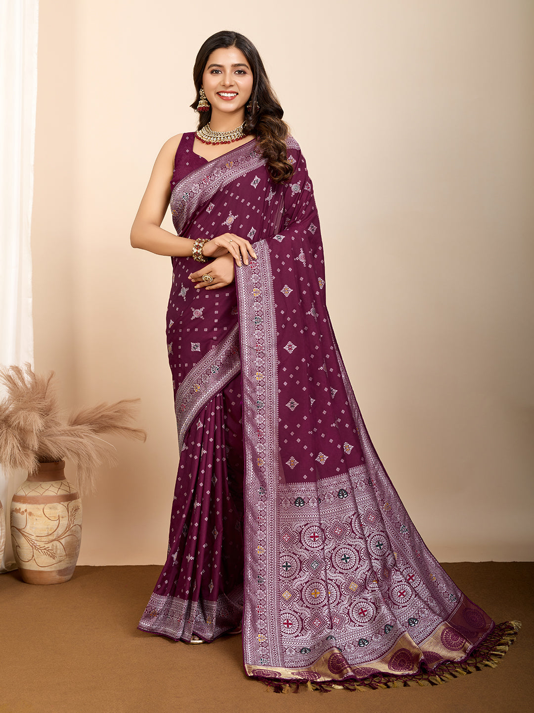 Vedant Vastram Maslin Dola Silk Kanjeevaram Silk Saree - Wine - Distacart