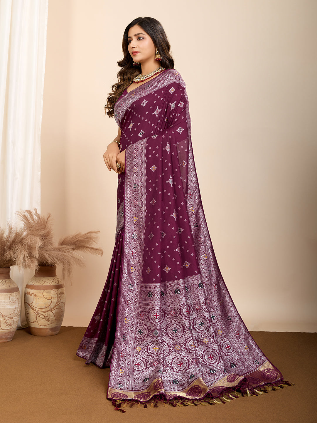 Vedant Vastram Maslin Dola Silk Kanjeevaram Silk Saree - Wine - Distacart