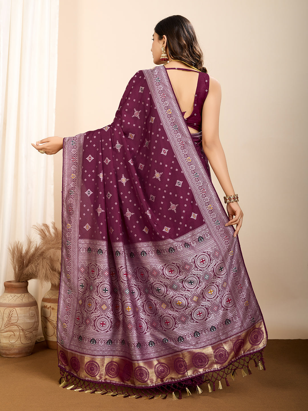 Vedant Vastram Maslin Dola Silk Kanjeevaram Silk Saree - Wine - Distacart
