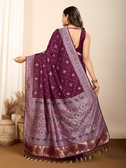 Vedant Vastram Maslin Dola Silk Kanjeevaram Silk Saree - Wine - Distacart
