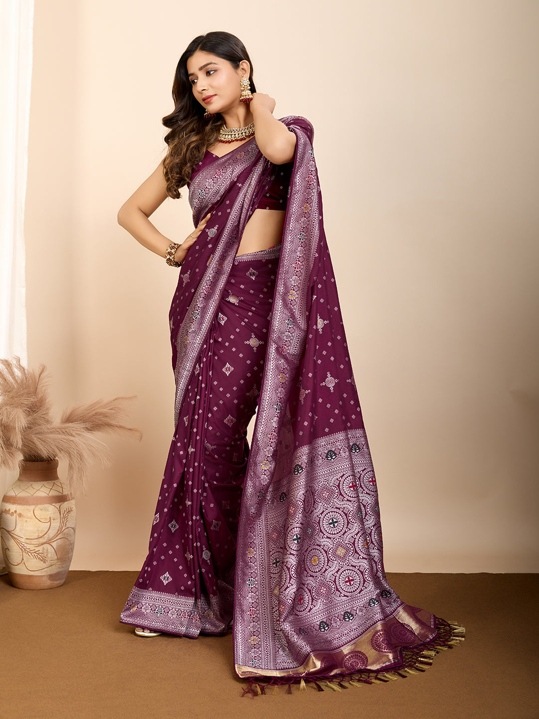 Vedant Vastram Maslin Dola Silk Kanjeevaram Silk Saree - Wine - Distacart