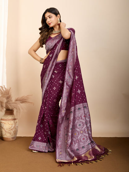 Vedant Vastram Maslin Dola Silk Kanjeevaram Silk Saree - Wine - Distacart