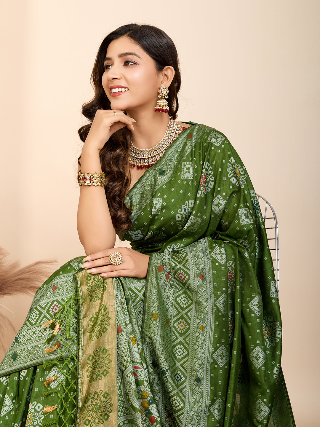 Vedant Vastram Maslin Dola Silk Kanjeevaram Silk Saree - Mahendi - Distacart