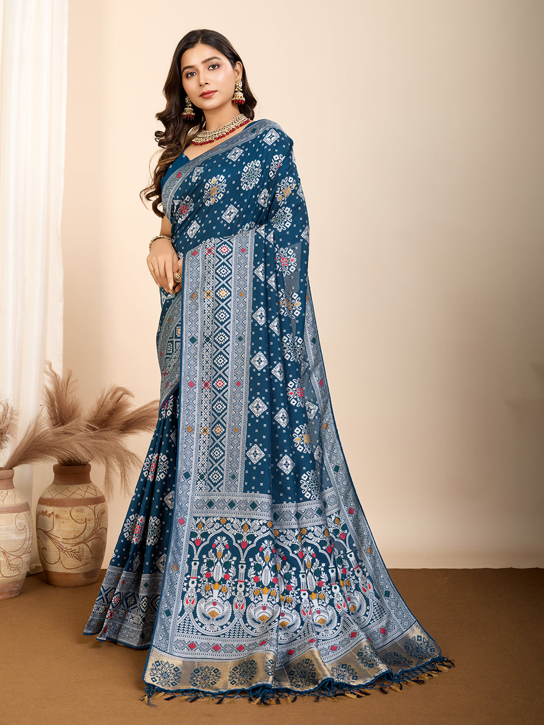 Vedant Vastram Maslin Dola Silk Kanjeevaram Silk Saree - Navy - Distacart