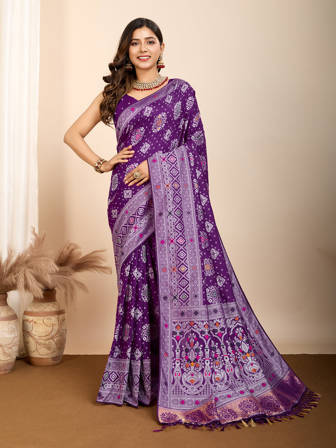 Vedant Vastram Maslin Dola Silk Kanjeevaram Silk Saree - Violet - Distacart