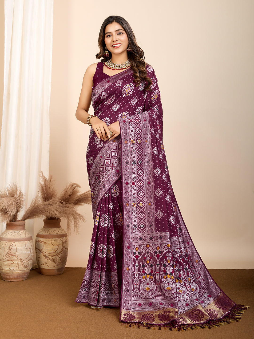 Vedant Vastram Maslin Dola Silk Kanjeevaram Silk Saree - Wine - Distacart
