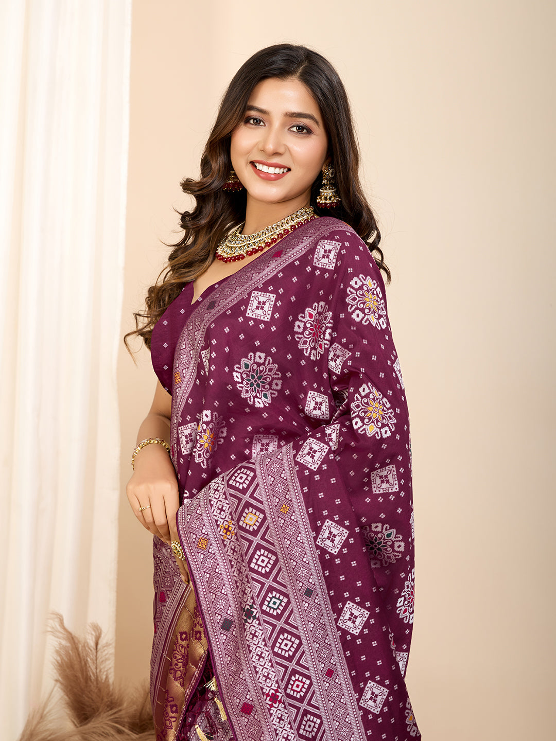 Vedant Vastram Maslin Dola Silk Kanjeevaram Silk Saree - Wine - Distacart