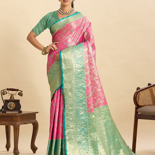 Vedant Vastram Soft Litchi Silk Kanjeevaram Silk Jacquard Saree - Peach - Distacart