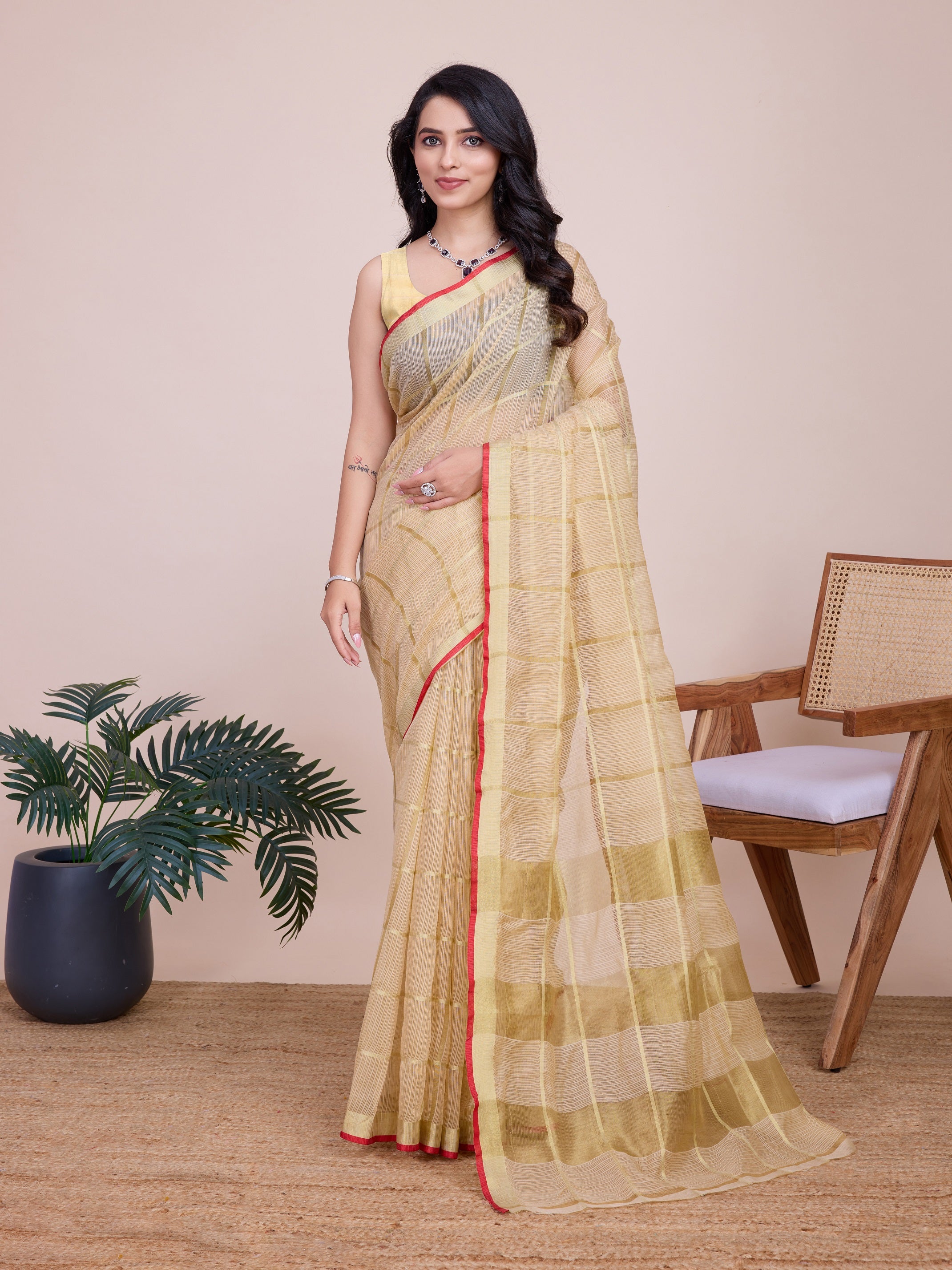 Vedant Vastram Cotton Silk Jacquard Fancy Saree - Cream - Distacart