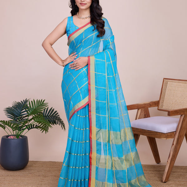 Vedant Vastram Cotton Silk Jacquard Fancy Saree - Firozi - Distacart