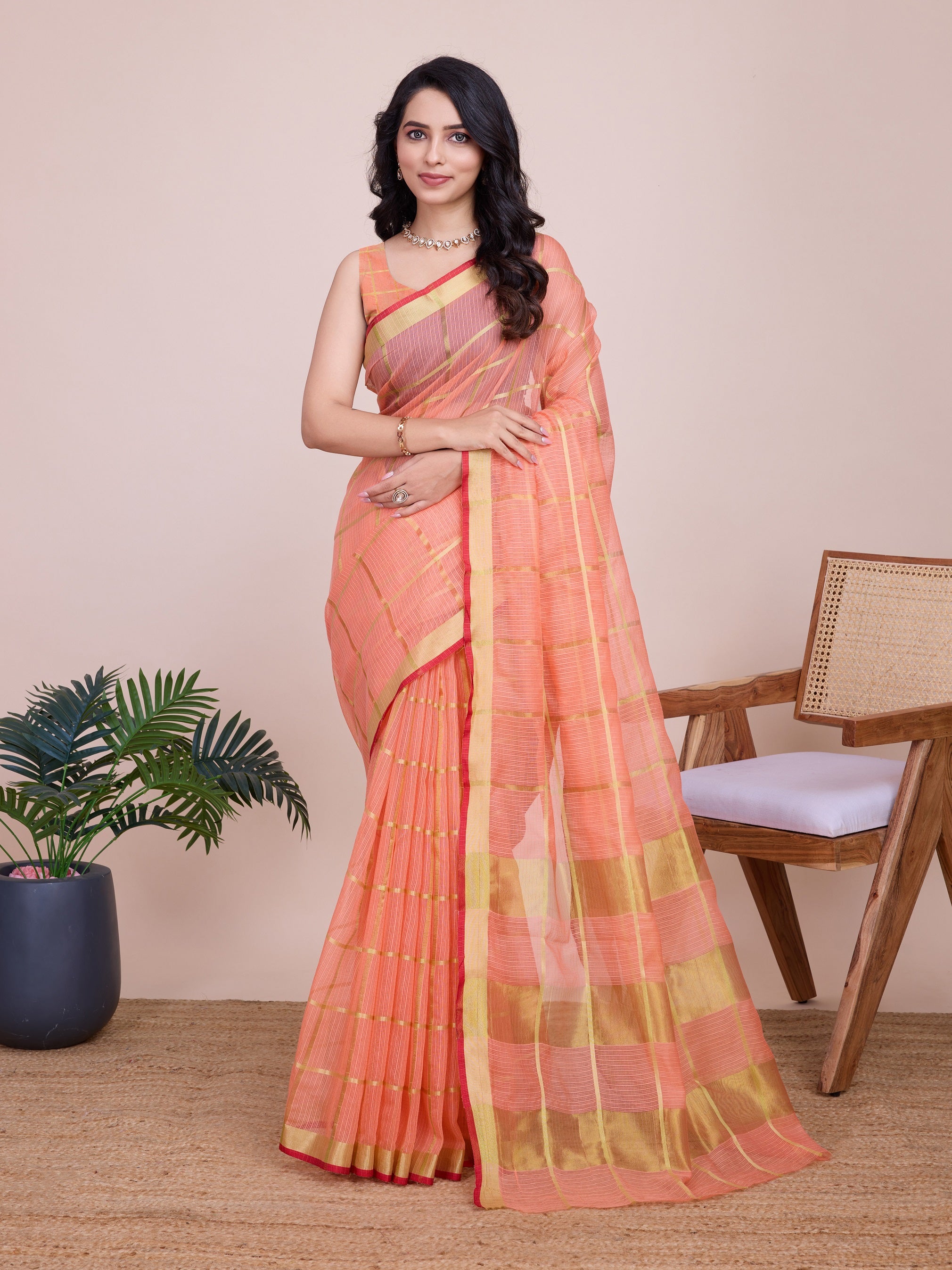 Vedant Vastram Cotton Silk Jacquard Fancy Saree - Peach - Distacart