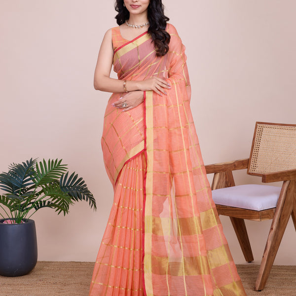 Vedant Vastram Cotton Silk Jacquard Fancy Saree - Peach - Distacart