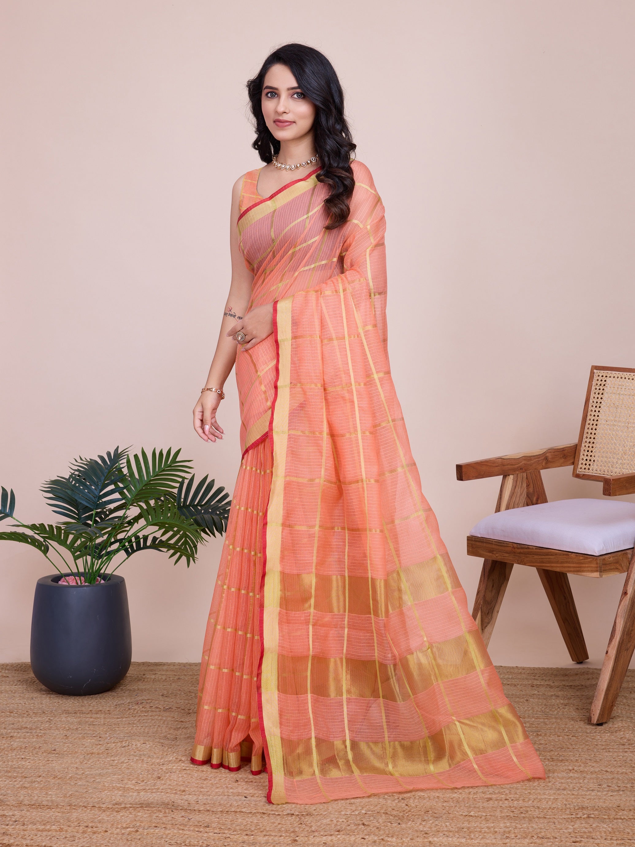 Vedant Vastram Cotton Silk Jacquard Fancy Saree - Peach - Distacart