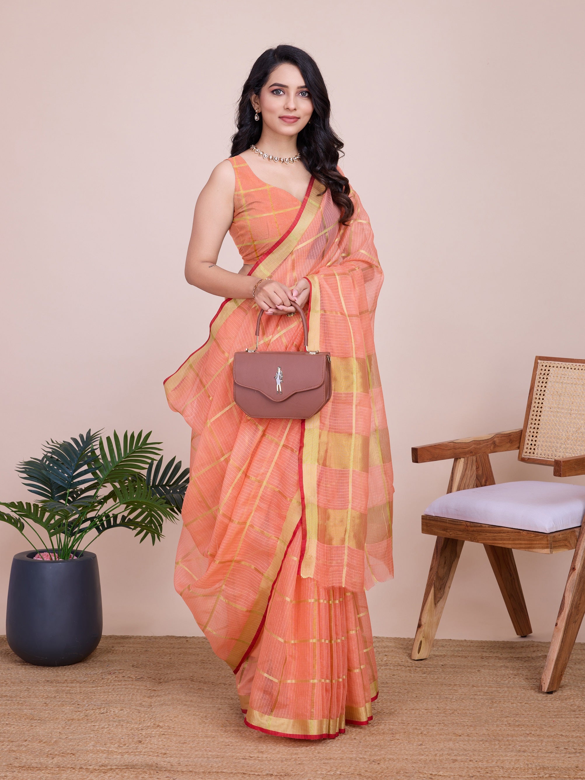 Vedant Vastram Cotton Silk Jacquard Fancy Saree - Peach - Distacart