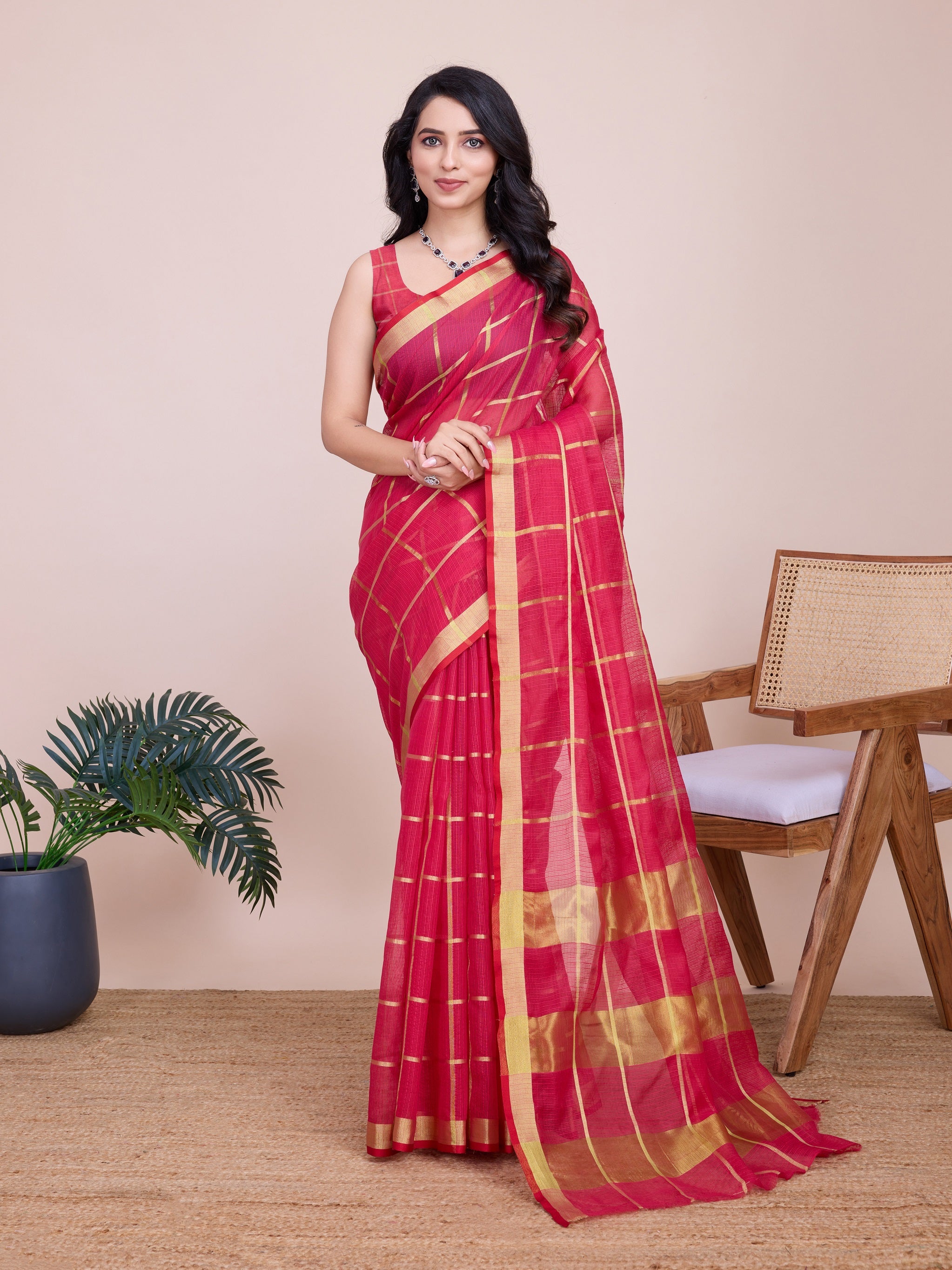 Vedant Vastram Cotton Silk Jacquard Fancy Saree - Pink - Distacart