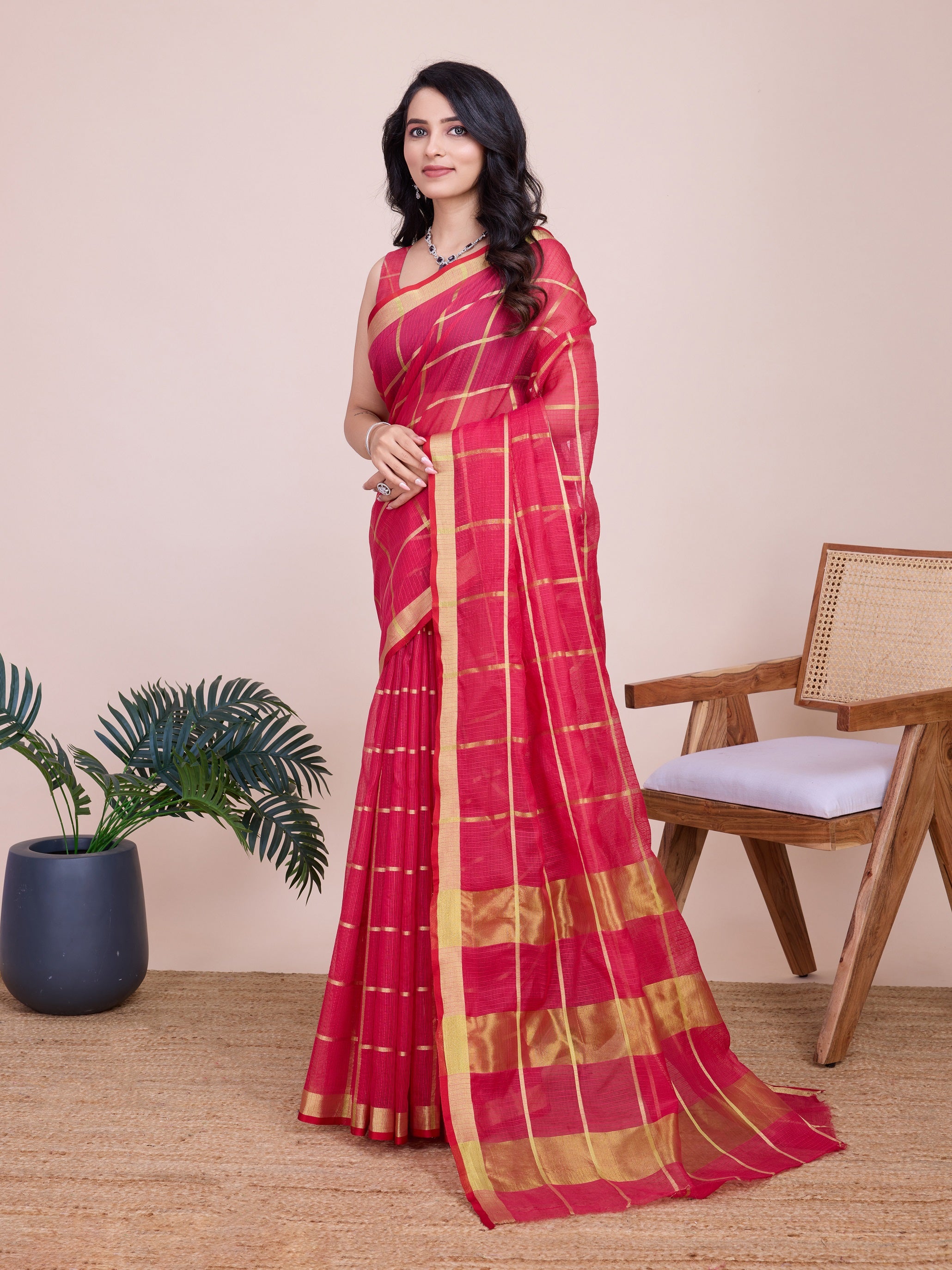 Vedant Vastram Cotton Silk Jacquard Fancy Saree - Pink - Distacart