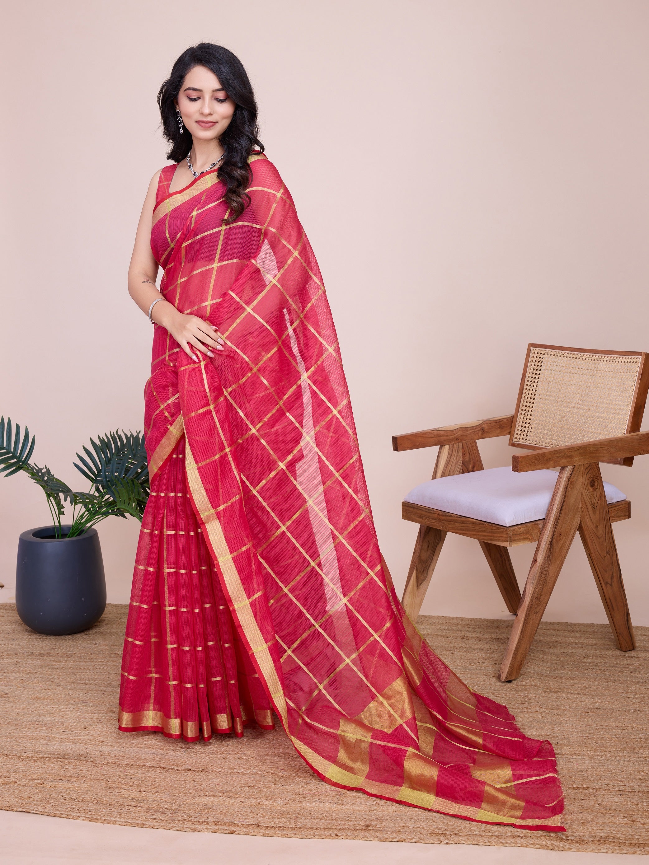 Vedant Vastram Cotton Silk Jacquard Fancy Saree - Pink - Distacart