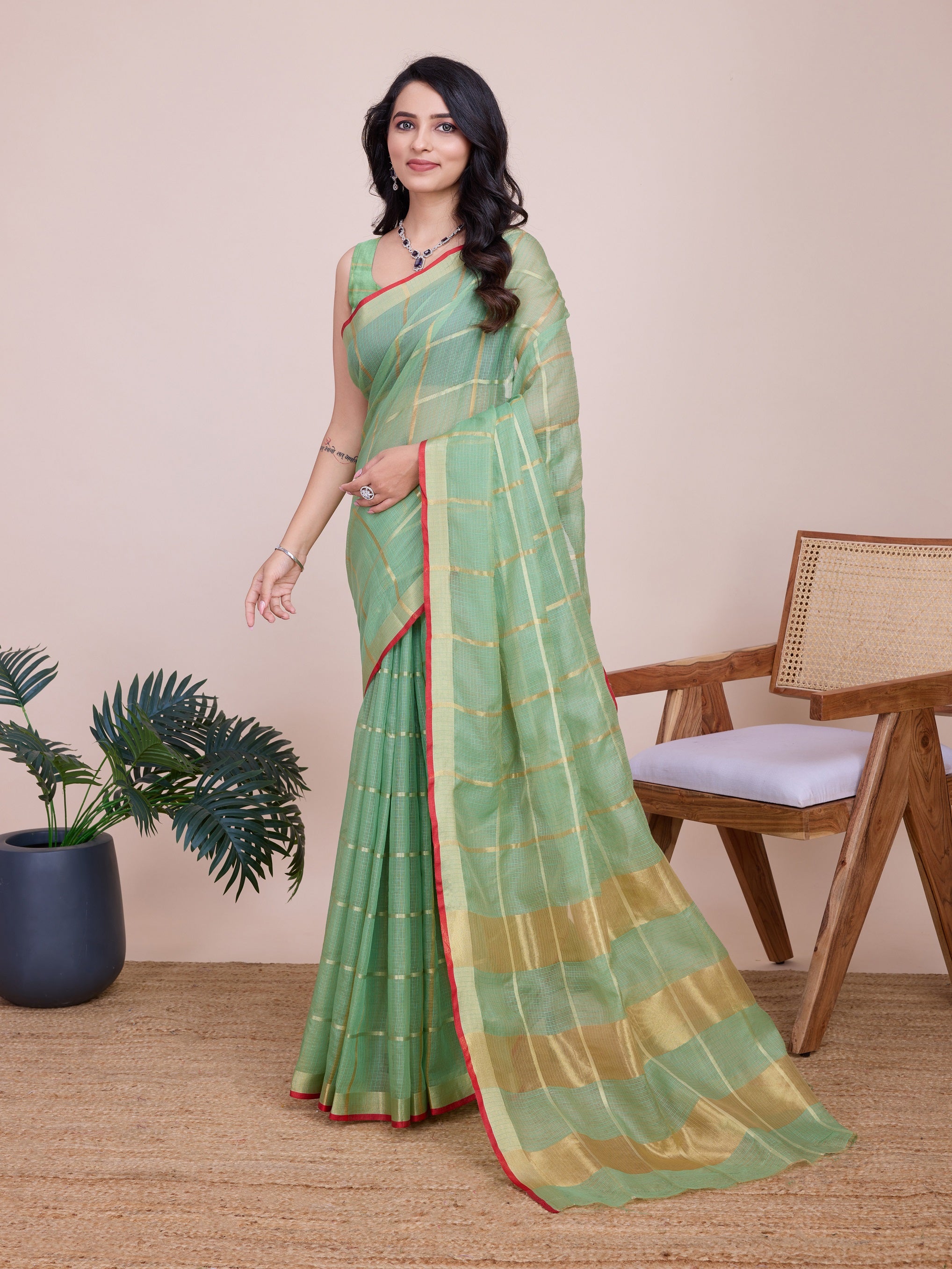 Vedant Vastram Cotton Silk Jacquard Fancy Saree - Pista - Distacart