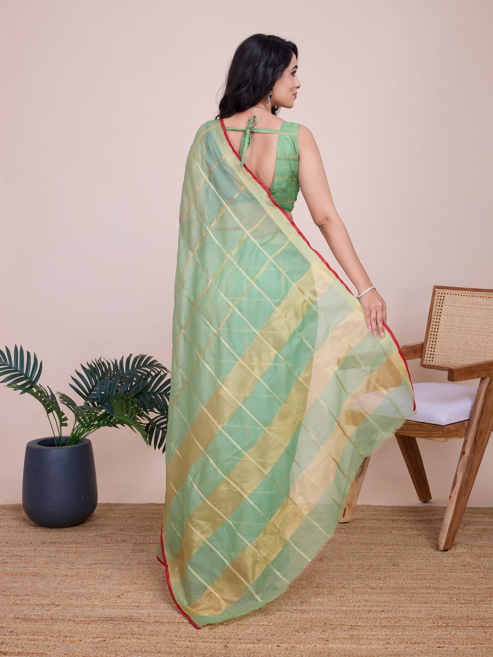Vedant Vastram Cotton Silk Jacquard Fancy Saree - Pista - Distacart
