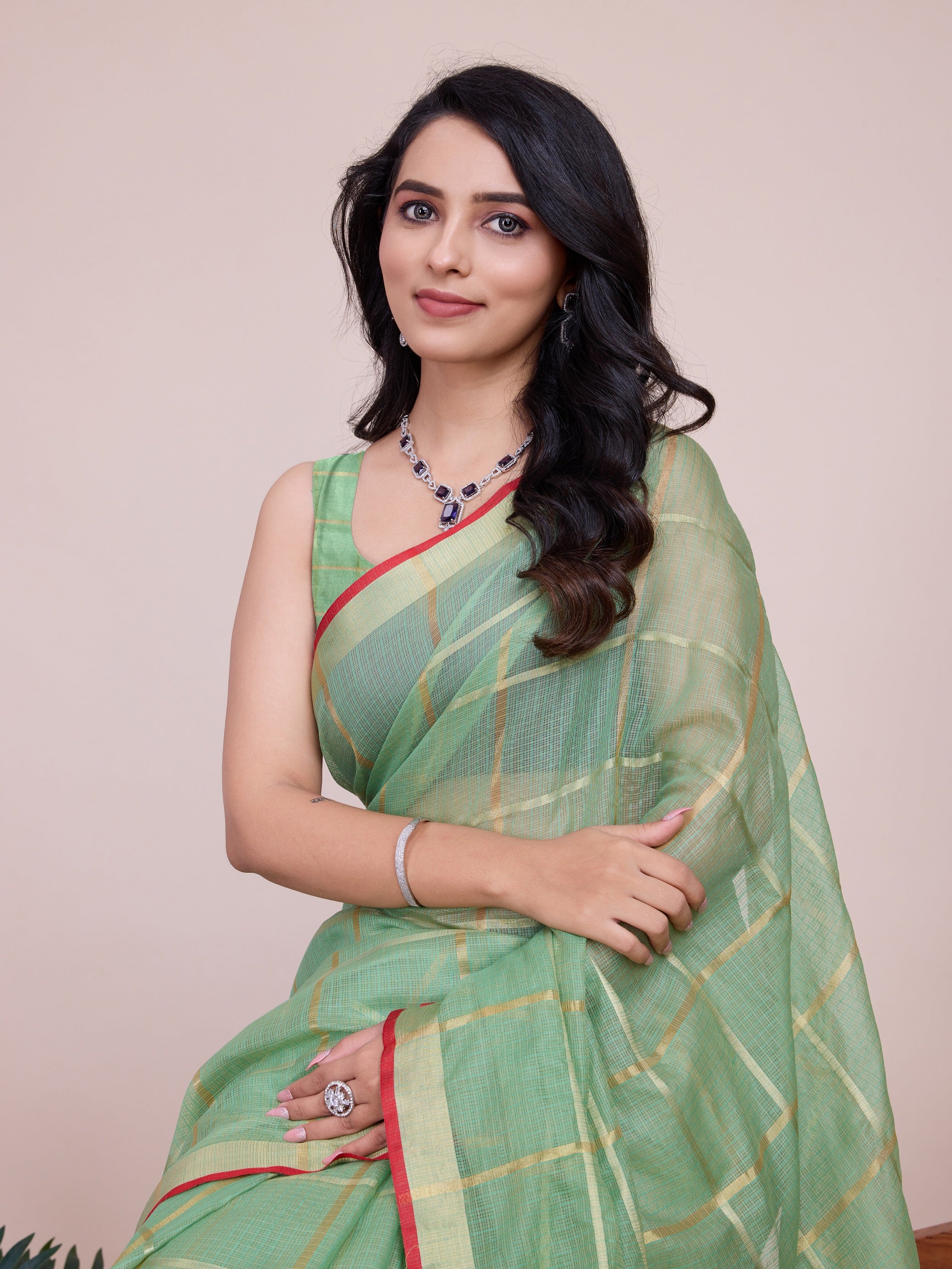Vedant Vastram Cotton Silk Jacquard Fancy Saree - Pista - Distacart