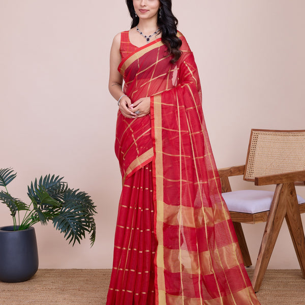 Vedant Vastram Cotton Silk Jacquard Fancy Saree - Red - Distacart